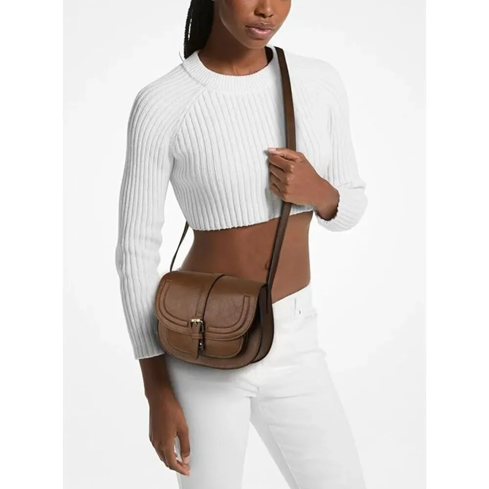Women Dark Brown Imported Vegan Leather Small Saddle Crossbody Bags - Picture 3 of 4